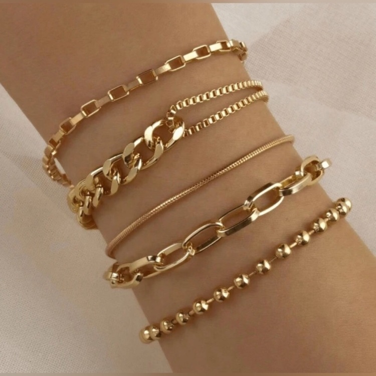 24k Gold Plated 5pc Chain Bracelet Set New